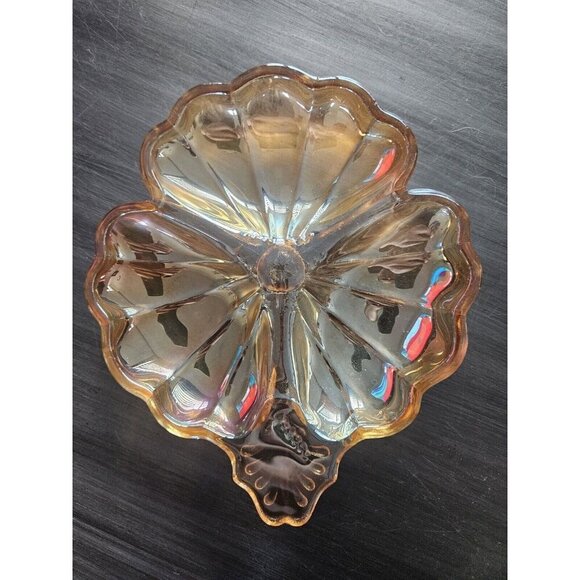 Vintage Jeannette Carnival Glass Marigold Clover Leaf Candy Dish Triple Divide - Picture 5 of 7